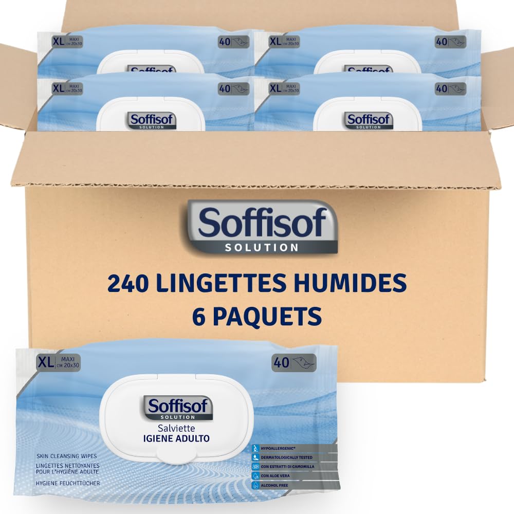 Soffisof Lingettes Hygiène Adulte XL - 240x Lingette Nettoyantes Corps - Adultes, Personees Agées, Patients Alités - 240 Soffisof Extra Larges, 6 Paquets