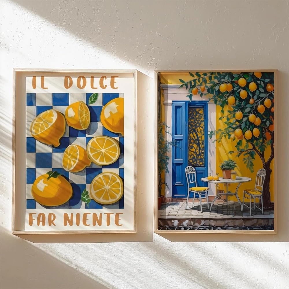 HURCP set of 2 Yellow Italian Landscapes Lemon Tree Prints Poster Modern Cottagecore Canvas Painting For Spring Wall Art Home Decor,A3 (30X42CM)