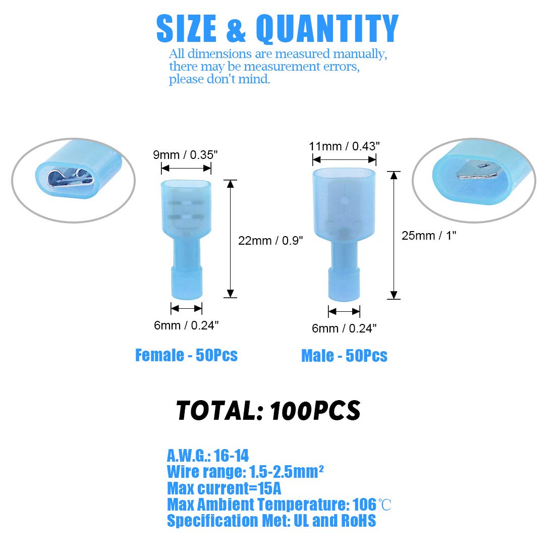 glarks 100 16–14 GAUGE vollisoliert weiblich Spaten Nylon Elektrische Schneller isoliert Crimp Terminals Stecker Sortiment Kit