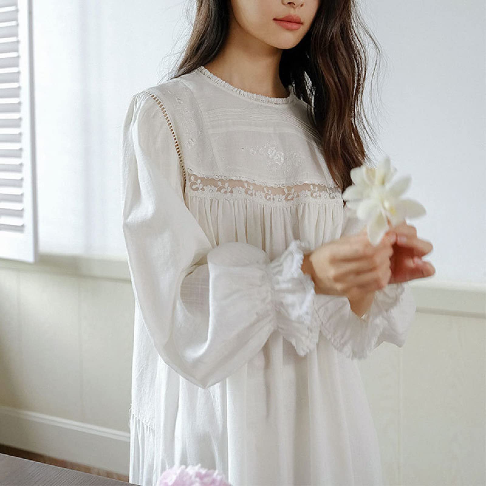 OFFSUM Camicia da Notte Donna - Dolce Ricamo Tinta Unita Camicia da Notte Primavera Estate Vintage Principessa Camicia da Notte Elegante Cotone Pigiameria Loungewear