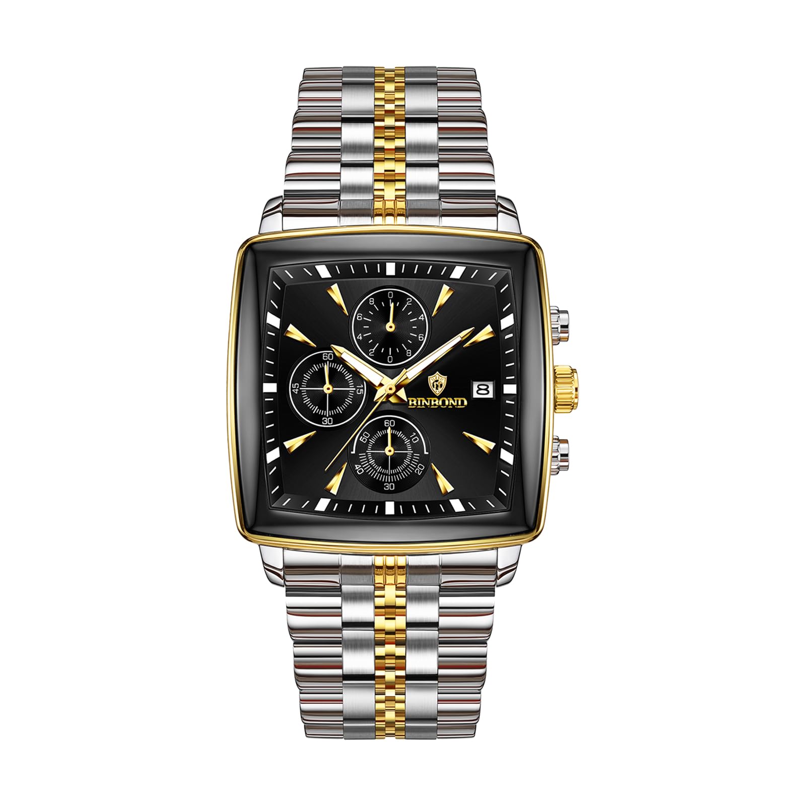 OIDEA Montre carrée élégante pour homme : date chronographe analogique à quartz multifonction argenté doré classique business cadran noir bracelet en acier inoxydable montre cadeau pour homme
