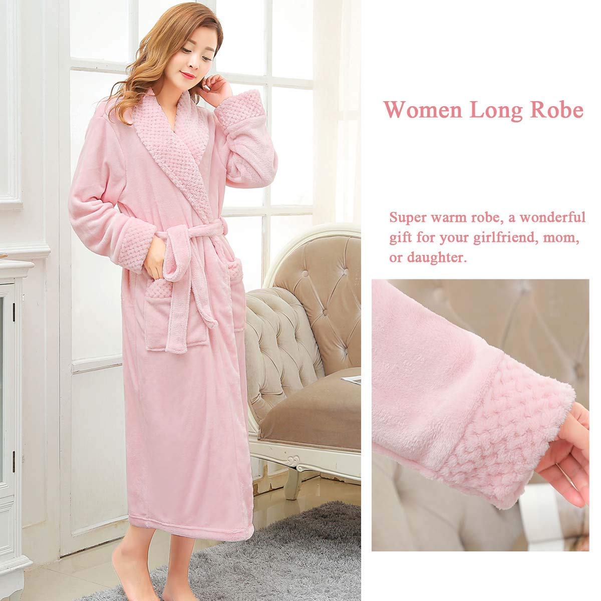 Hellomamma Bademantel Damen Lang Flauschig: Warm Plüsch Morgenmantel aus Mikrofaser Fleece für Frauen für Herbst & Winter