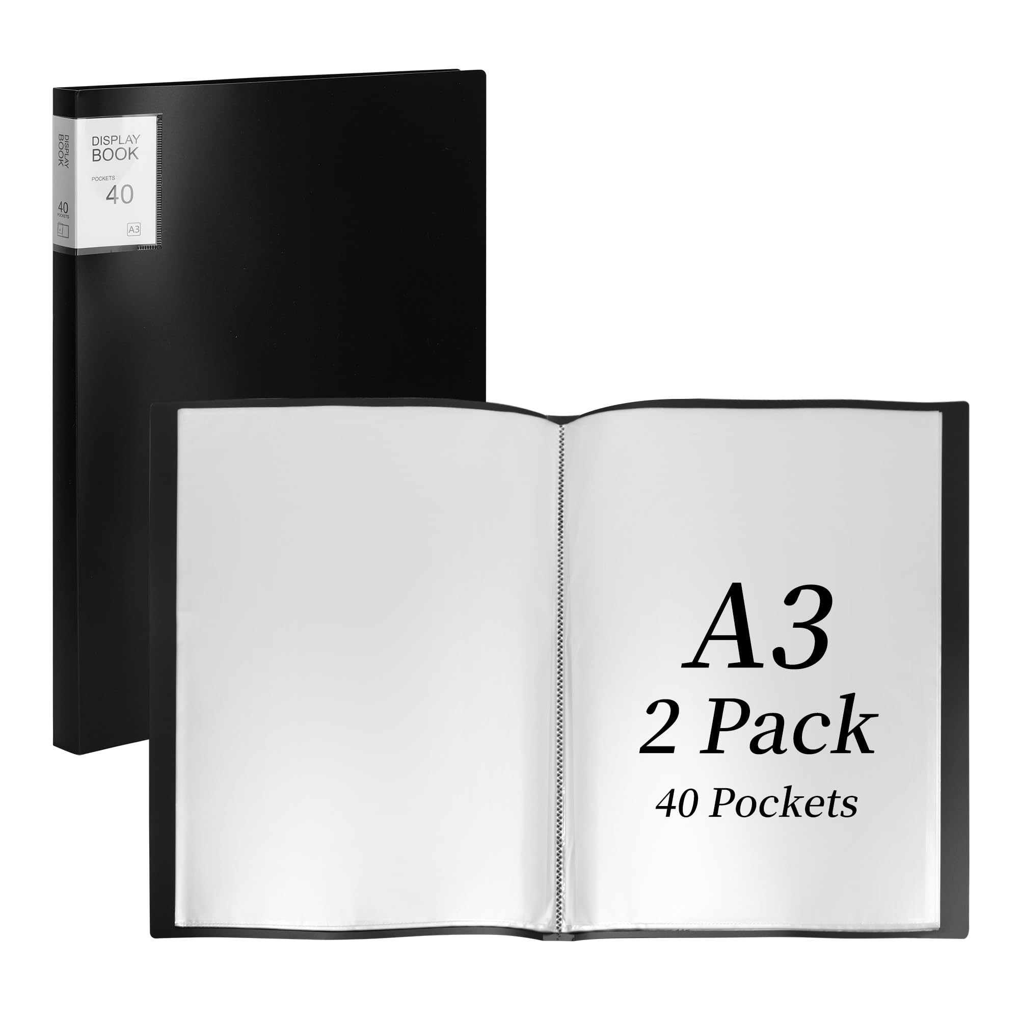 Aramanara 2 Pcs A3 Display Book Folder, 40 Pockets Portfolio Presentation Book, A3 Storage Art Folder with Clear Plastic Sleeves for Painting Diamond Artwork Report(Black)