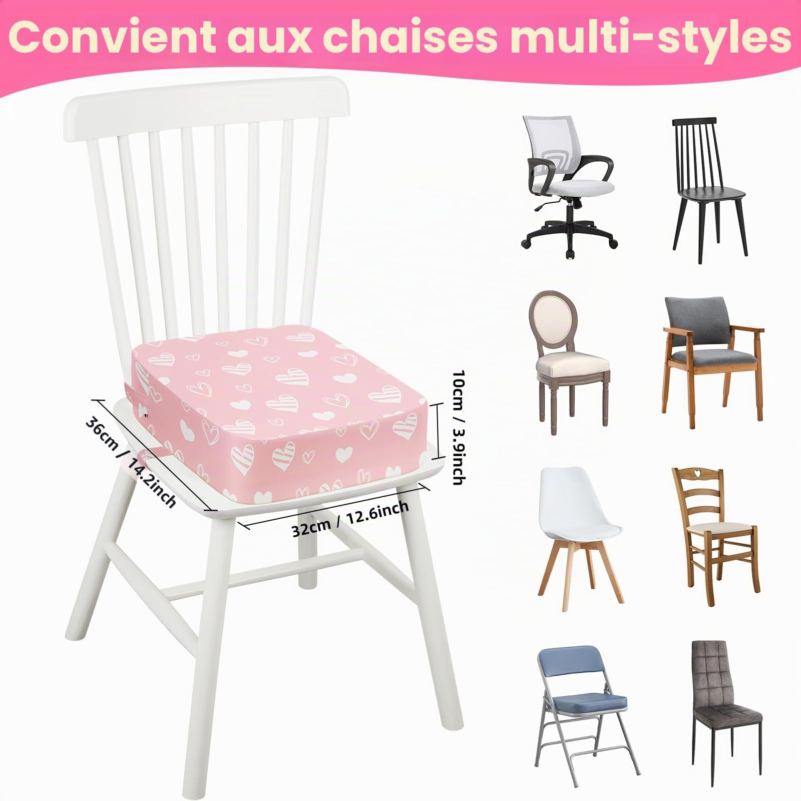 Rehausseur Chaise Enfant, Lavable Coussin Rehausseur avec 2 Sangles Réhausseurs pour Enfant 36 x 32 x 10 cm - Cœur