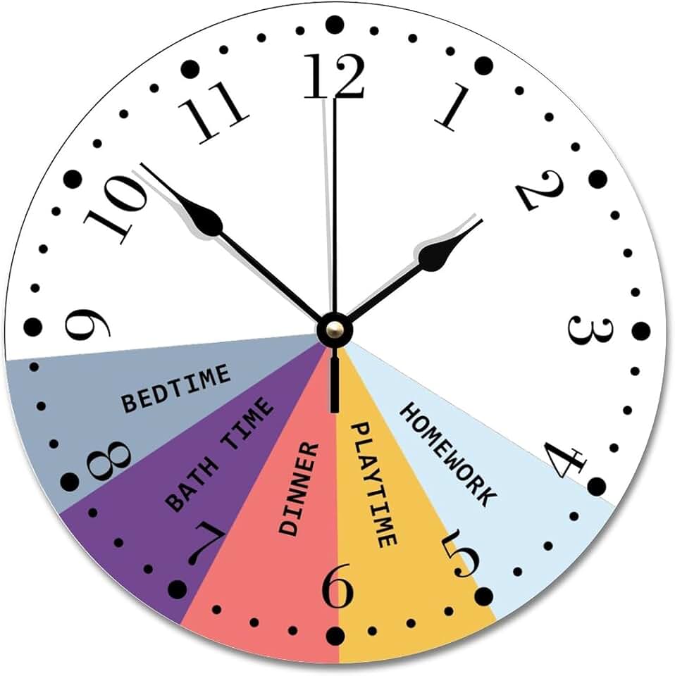 ArogGeld Daily Schedule Colors Wall Clock 10 inch Nursery Kids Room Clocks Silent Round Wooden Battery Operated Decorative Hanging