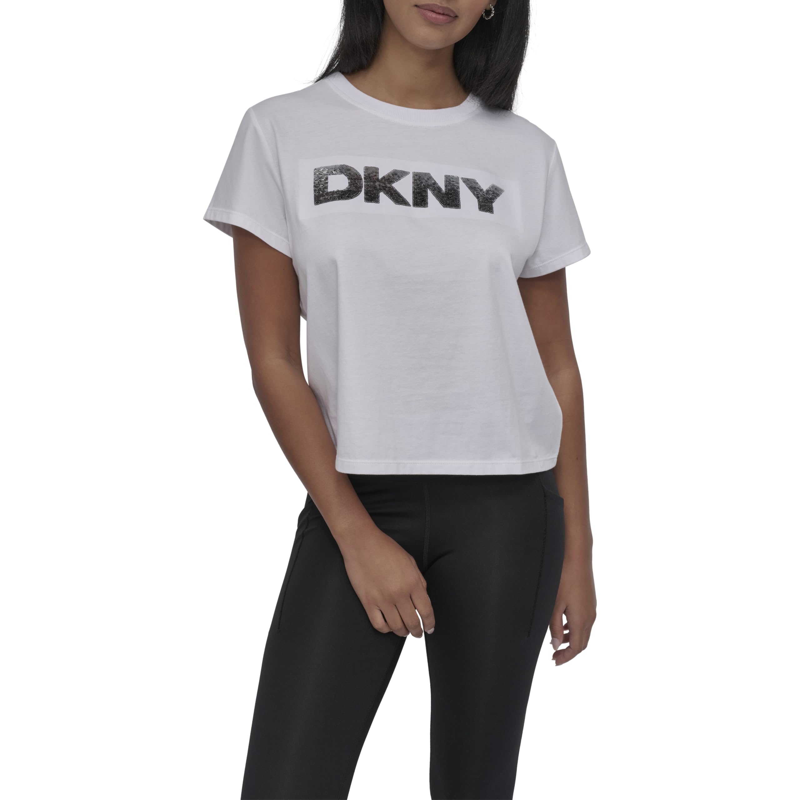 DKNY Damen Ombre Sequin Logo Cropped Short Sleeve Tee T-Shirt