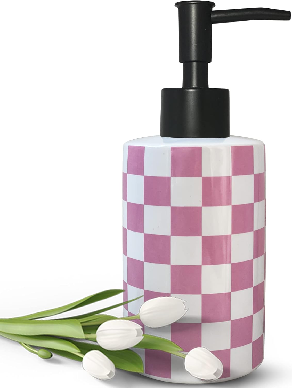 Dispensador de jabón de baño con bomba negra mate, dispensador de jabón de cerámica blanca para cocina, tablero de ajedrez, botella de bomba vacía