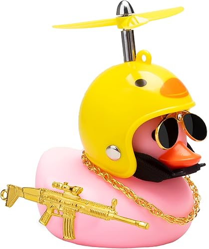 wonuu Juego de adornos de pato de goma para tablero de automóvil, diseño de pato rosa con casco de hélice, lentes de sol y cadena dorada.
