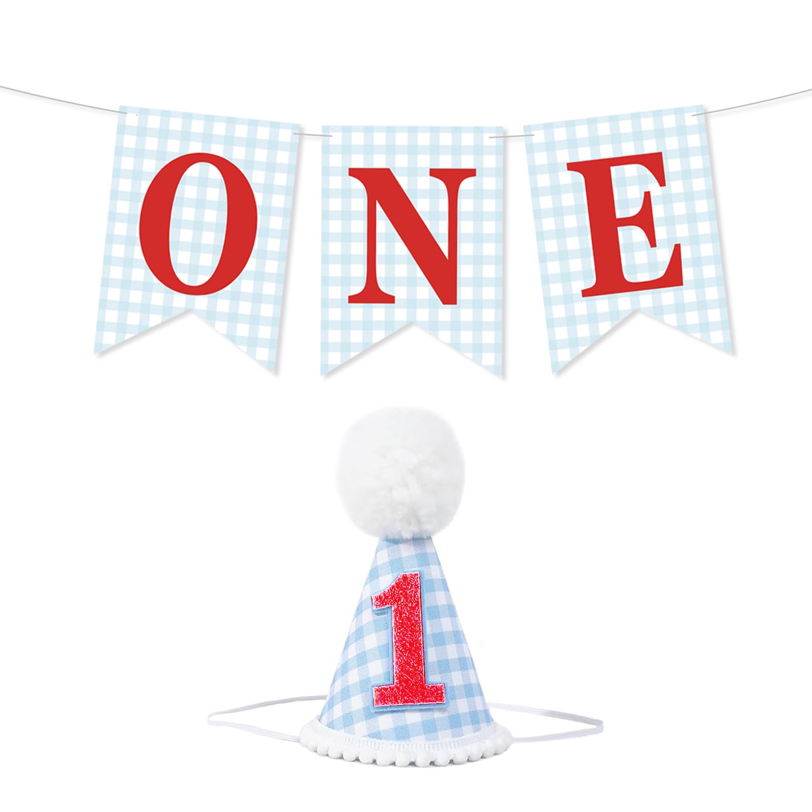Photo 1 of Red and Blue 1st Birthday Decorations Boys: One High Chair Banner and Hat Decorations for Boy and Girl 1st Baby Birthday Party Decor