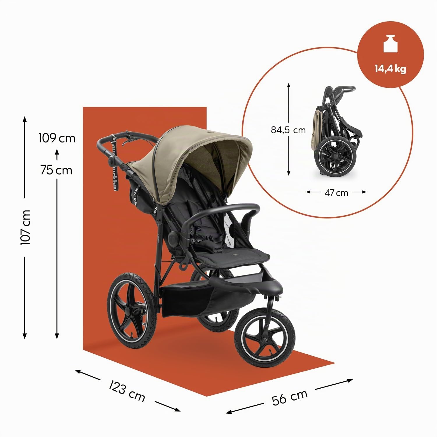 hauck Runner 3 Olive – Poussette 3 Roues Bébé avec Grandes Roues Air, Suspension, Frein à Main, Canopy XL, Fenêtre Maille, Panier Couvercle, Inclinable, Porte-Gobelet, de la Naissance à 22 kg
