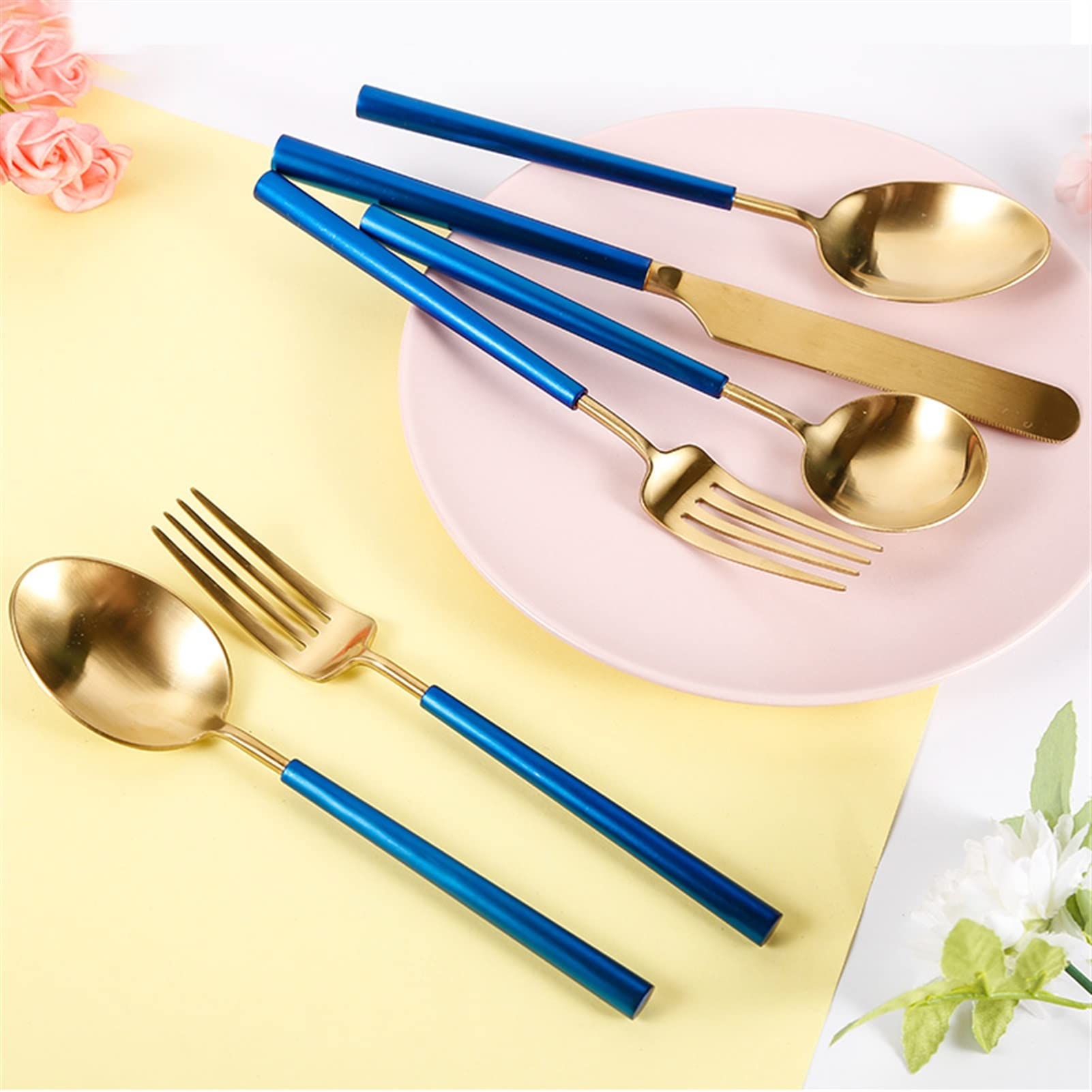 Bestecksets Blau Gold Besteck Geschirr Messer Löffel und Gabel Set Abendessen Küchengeräte Sets Edelstahl Tischservice Zero Waste