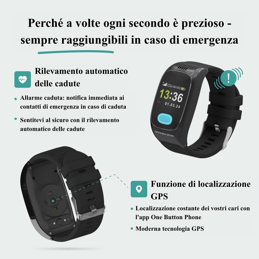 Orologio di Emergenza per Anziani con GPS | | Pulsante SOS, Rilevamento Cadute, Monitoraggio Parametri Vitali, Nessun Abbonamento