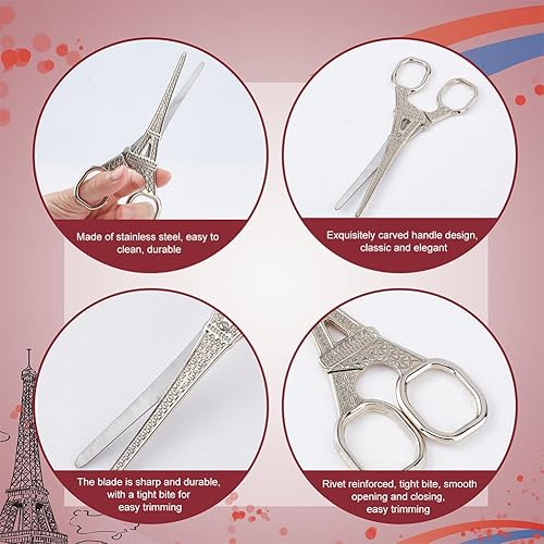 Miniatura 4 de SUNNYCLUE 1 pieza, 2 estilos, cubierta de tijeras de coser de torre Eiffel de acero inoxidable, tijeras de bordado vintage con funda de piel