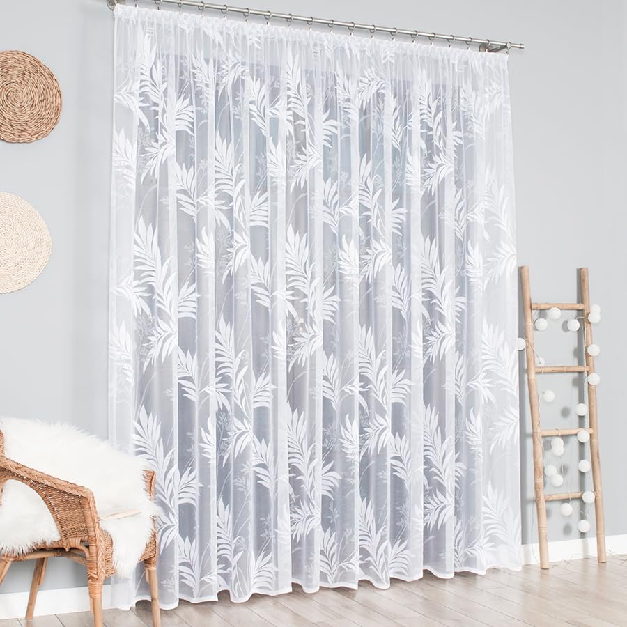 Weiß Jacquard 500x180 cm (BxH) Surinam Moderne Gardine Auf Kräuselband Fertig Zum Aufhängen Weiße Dekoschal