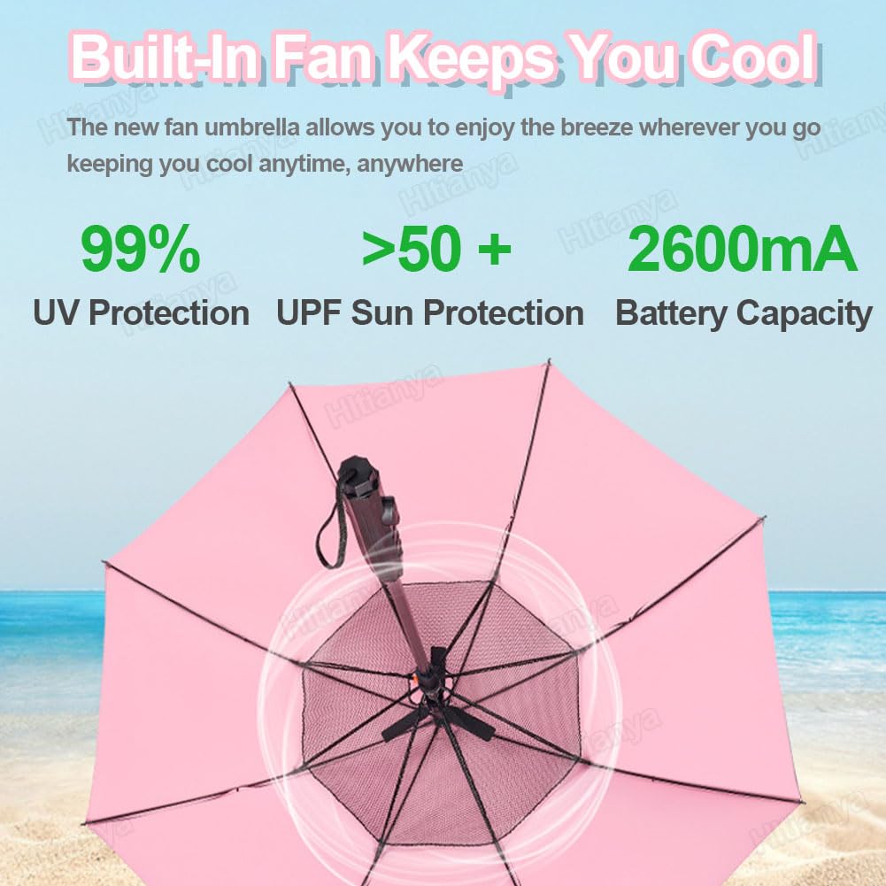 Paraguas con ventilador y botella de agua, efecto refrescante de 5-7 °C, protección solar UPF 50+, paraguas de viaje, parasol recargable por USB