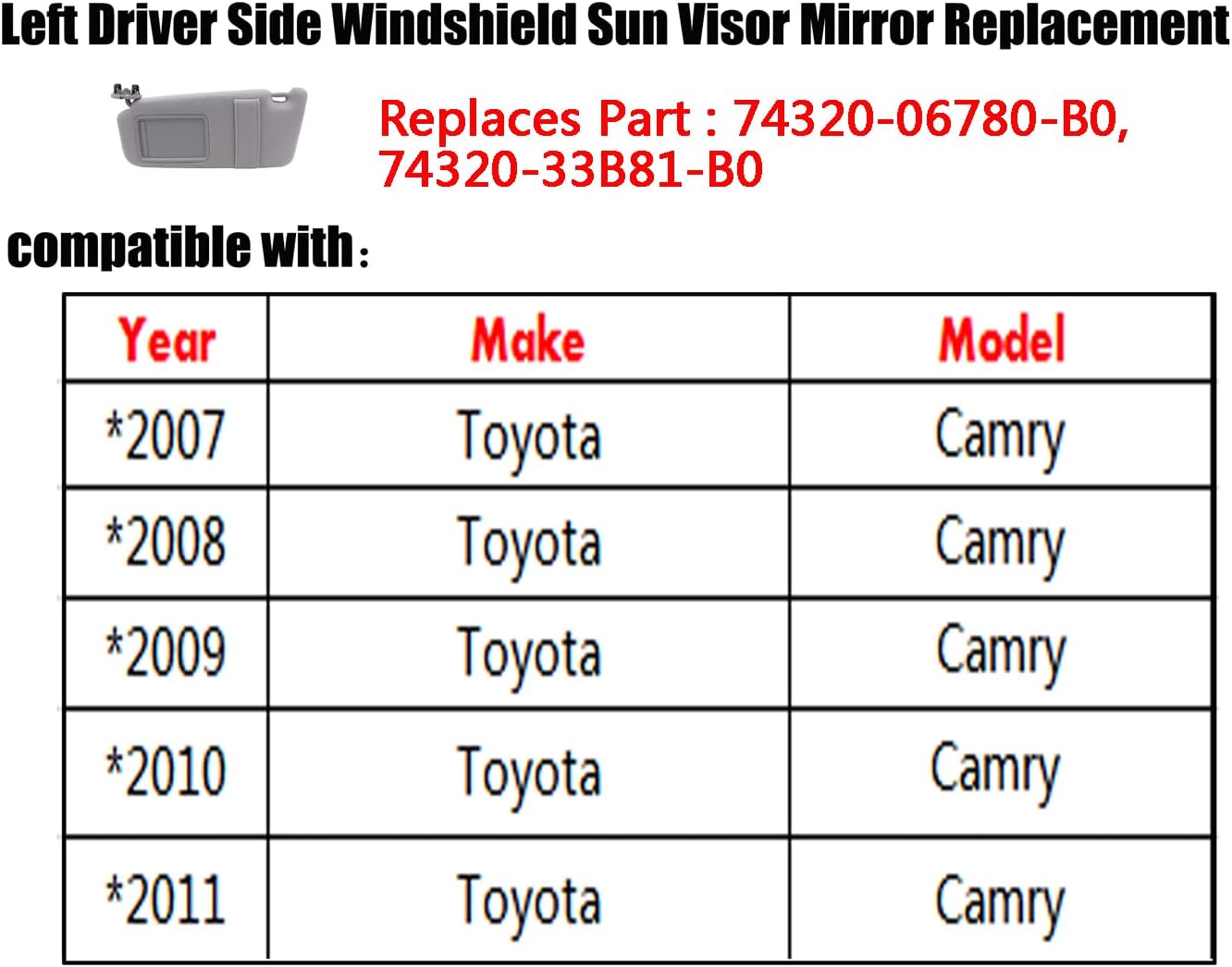 Left Driver Side Sun Visor replacement for 2007 2008 2009 2010 2011 Toyota Camry Part 74320-06780-B0,74320-33B81-B0,without Sunroof,Light-Gray