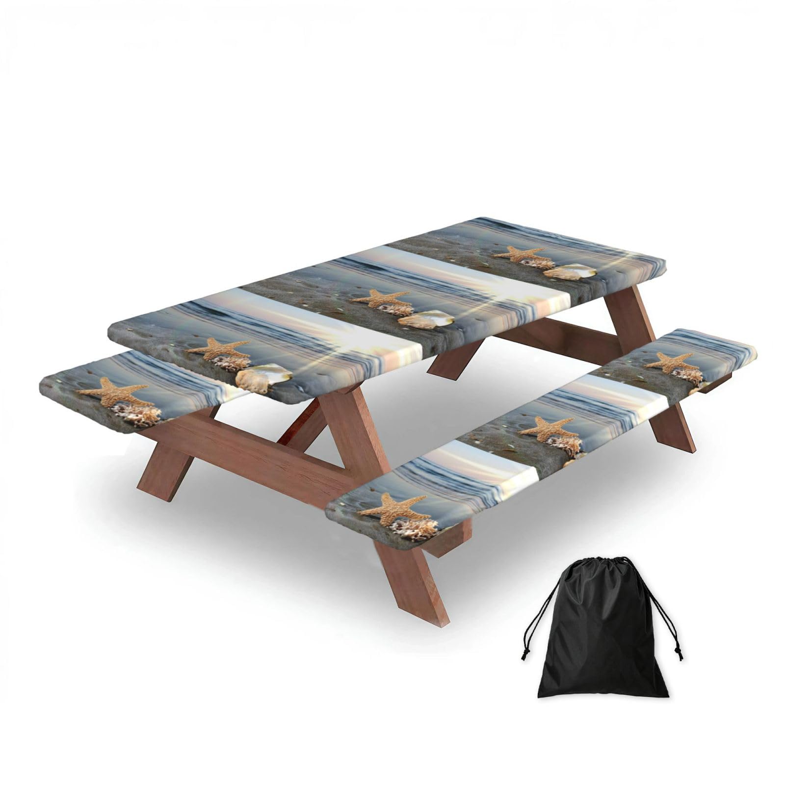 Dopklna As Picture Starfish Shell Sunny Beach, Picnic Table Cover With Bench Covers -Waterproof Elastic Fitted Tablecloth For Garden Camping Patio 76X152cm