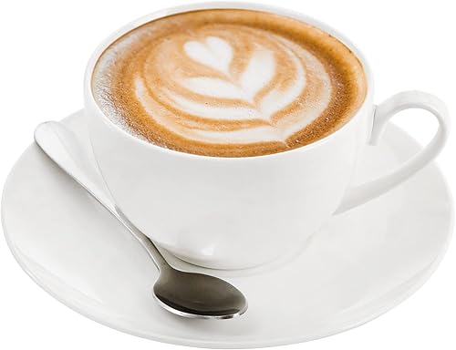 Miniatura 3 de Foraineam Tazas de café expreso con platillos y cucharas, juego de tazas de té blanco de 6 onzas, juego de taza de café de porcelana y platillo con