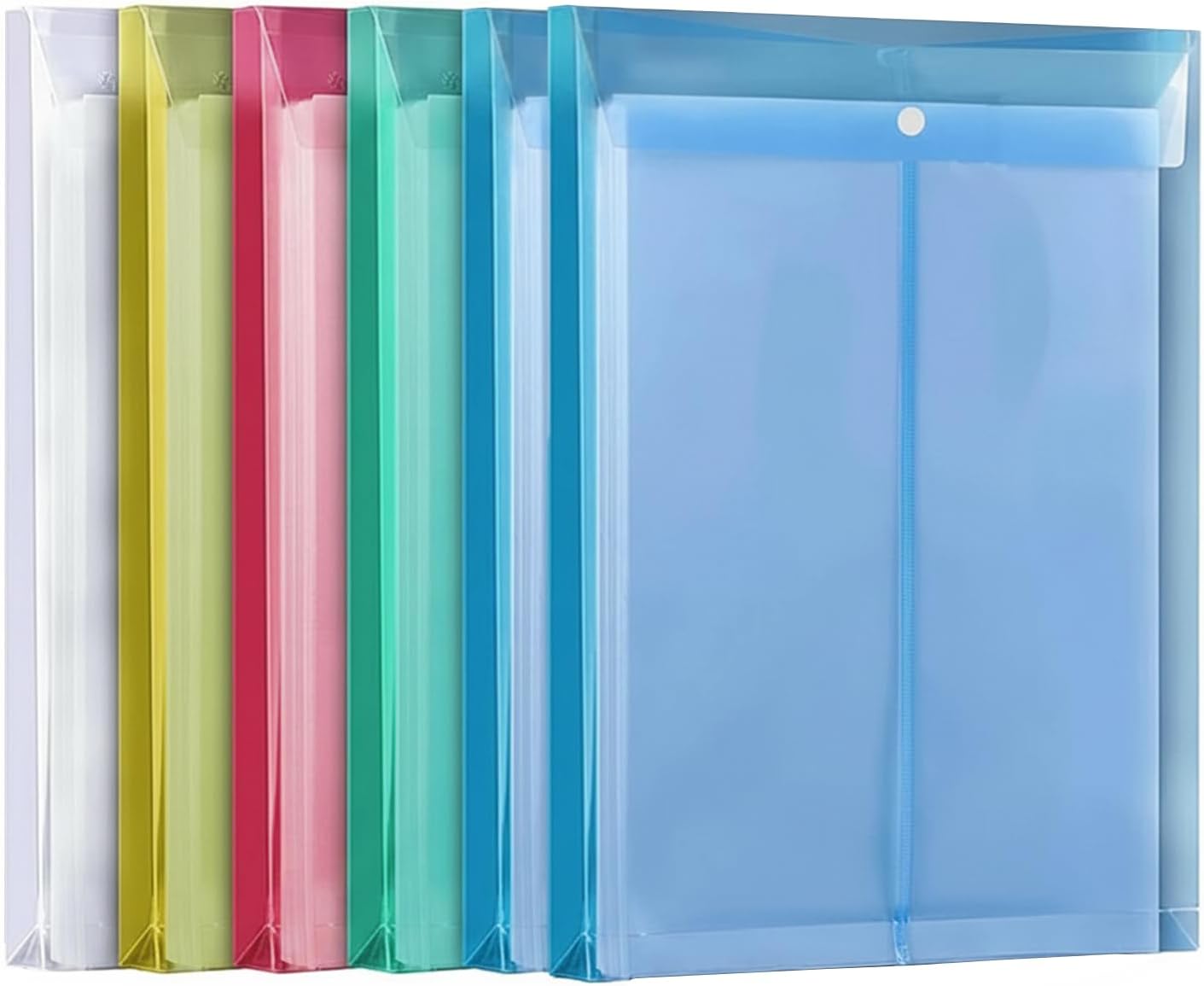 6 Pcs Legal Top Opening Document File Bag, Foolscap , A4 Size Colored Envelope Holder Storage Case, Snap Button Organizer, My Clear Plastic Container -Assorted Color
