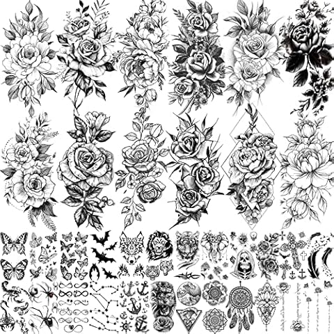 EGMBGM 36 Sheets Realistic Flower Temporary Tattoos For Women Thigh Arm Girls Legs, 3D Waterproof Fake Tattoo Stickers For Adults Rose Peony, Black Floral Temp Tatoos Lotus Butterfly Elephant Kids DIY Cover