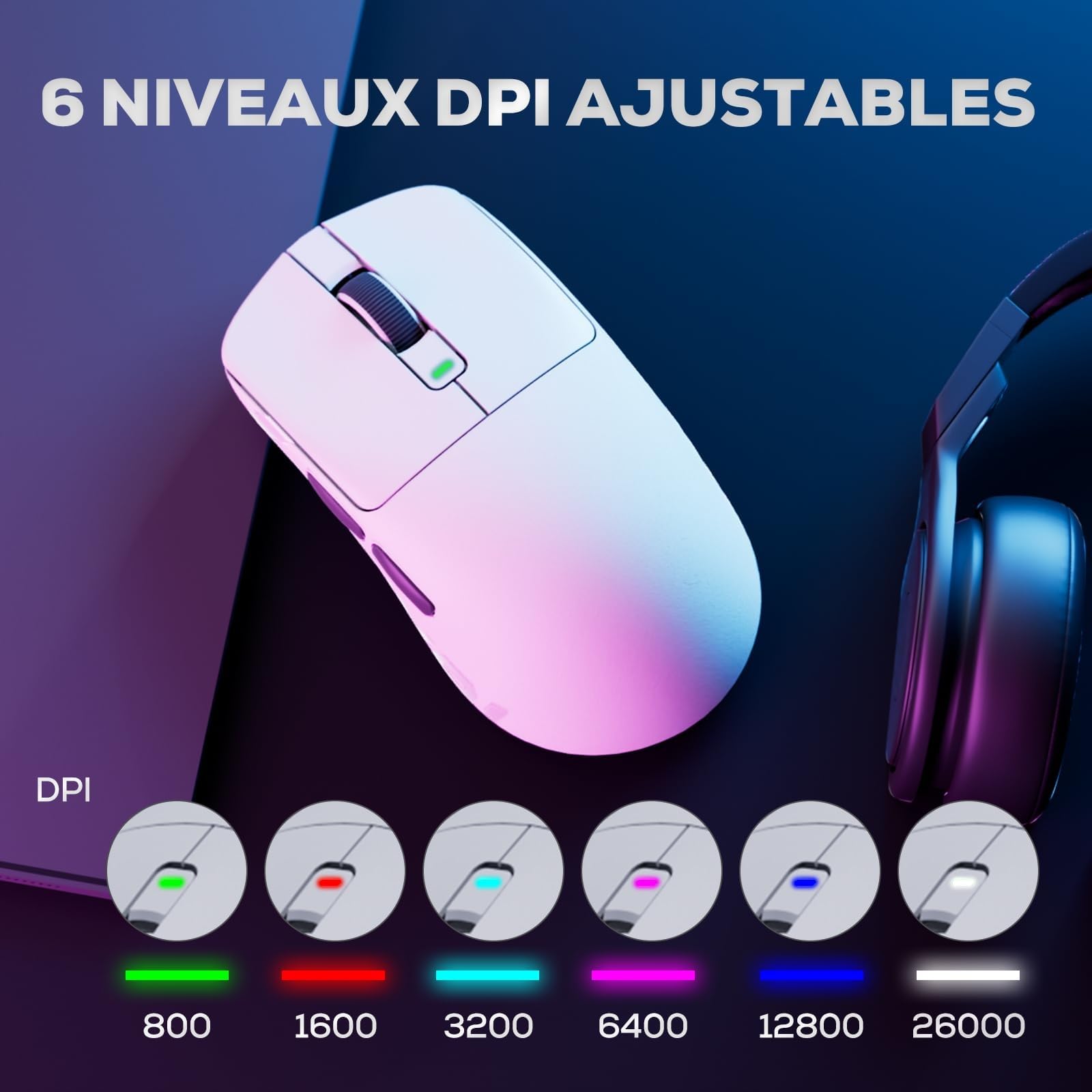 RK ROYAL KLUDGE M3 Souris Sans Fil 47g Ultra-Légère avec Capteur de Haute Précision PAW3950, Souris Gamer 3 Mode (BT / 2.4G / USB-C), 30K DPI, 6 Adjustable, Batterie 650mAh, Confort Ergonomique, Blanc