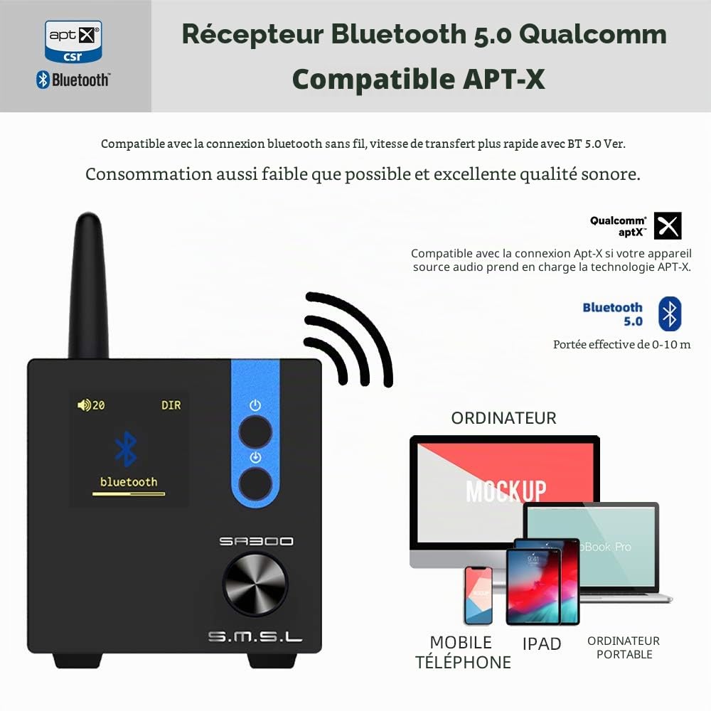 S.M.S.L Amplificateur numérique HiFi SA300, Puce MA12070 d'Infineon 80 W x 2 ampli de Puissance Classe D, entrée RCA USB Bluetooth 5.0 APTX, Plusieurs Modes d'égalisation avec télécommande (Noir)