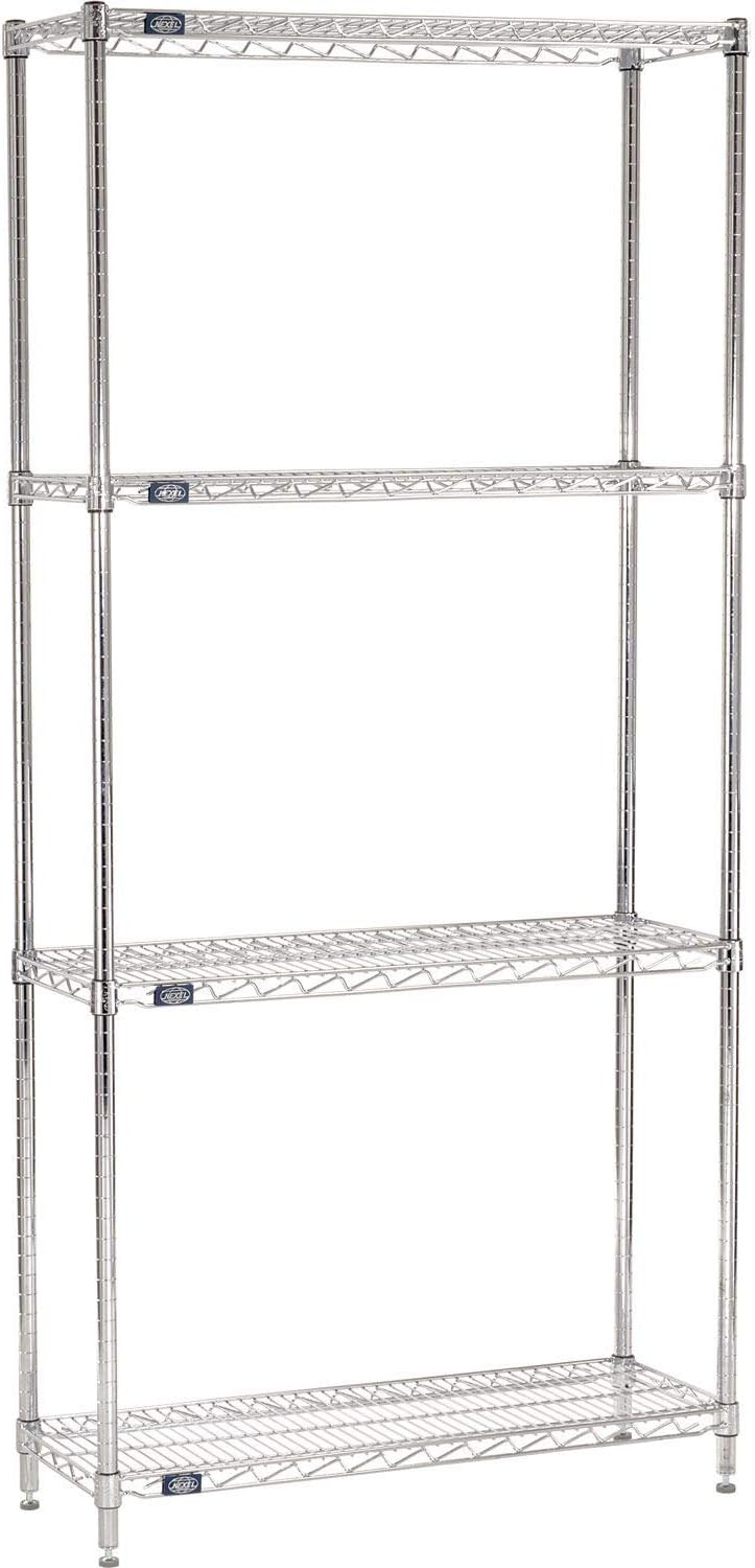 Nexel 12" x 36" x 86", 4 Tier Adjustable Wire Shelving Unit, NSF Listed Commercial Storage Rack, Chrome Finish, leveling feet