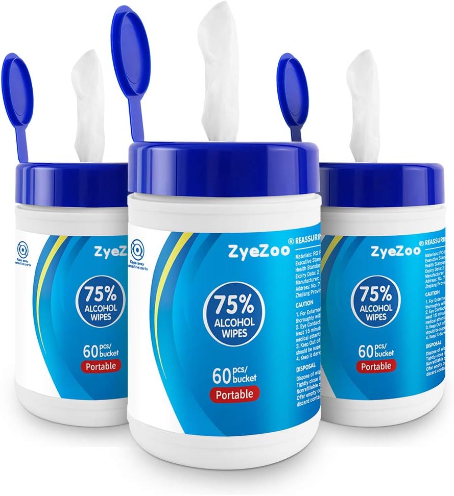 ZyeZoo 3 Pack Disposable Alcohol Wipes 60 Sheet, Portable 75% Cleaning Wipes, Hands Wet Wipes, All-Purpose Clean Wipes for family Travel, Bathroom, kitchen, Skin Cleaning Care