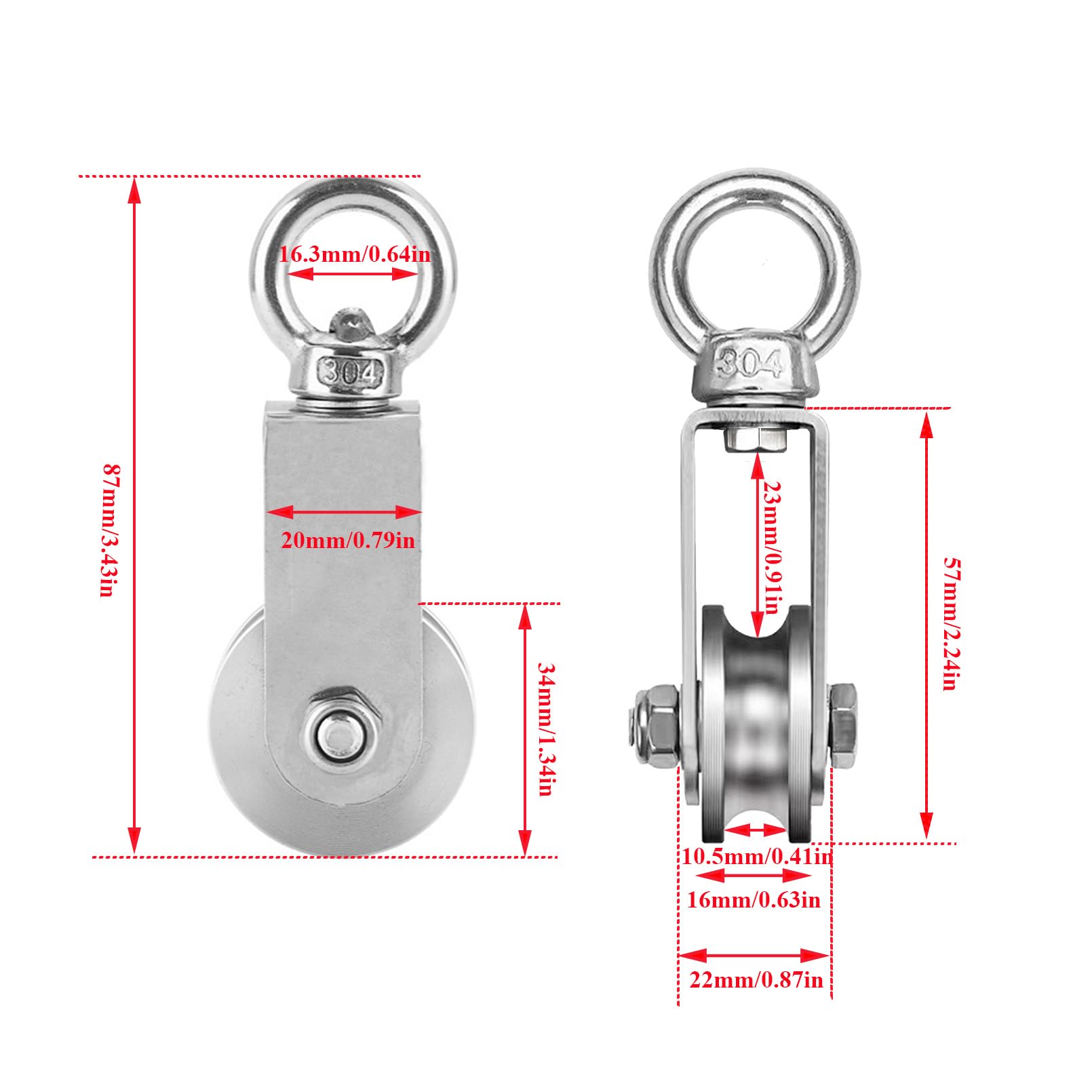 34mm Edelstahl-Umlenkrolle mit M6 Federkarabiner 250kg belastbar für Seile & Stahlseil Professionelle Snatch Block mit Doppelkugellager für Bauwesen Industrie Fitness Outdoor (4er Pack)
