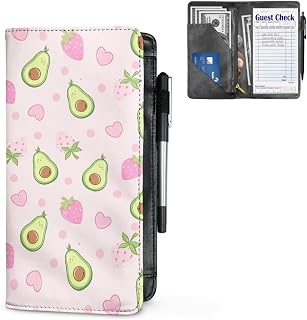 Cute Avocado Strawberry Server Book for Waitress, Organizer Book with Zipper Pocket, PU Leather Waiter Serving Book with Pen Holder for Waitress Cafes Card Holder for Restaurants Bars