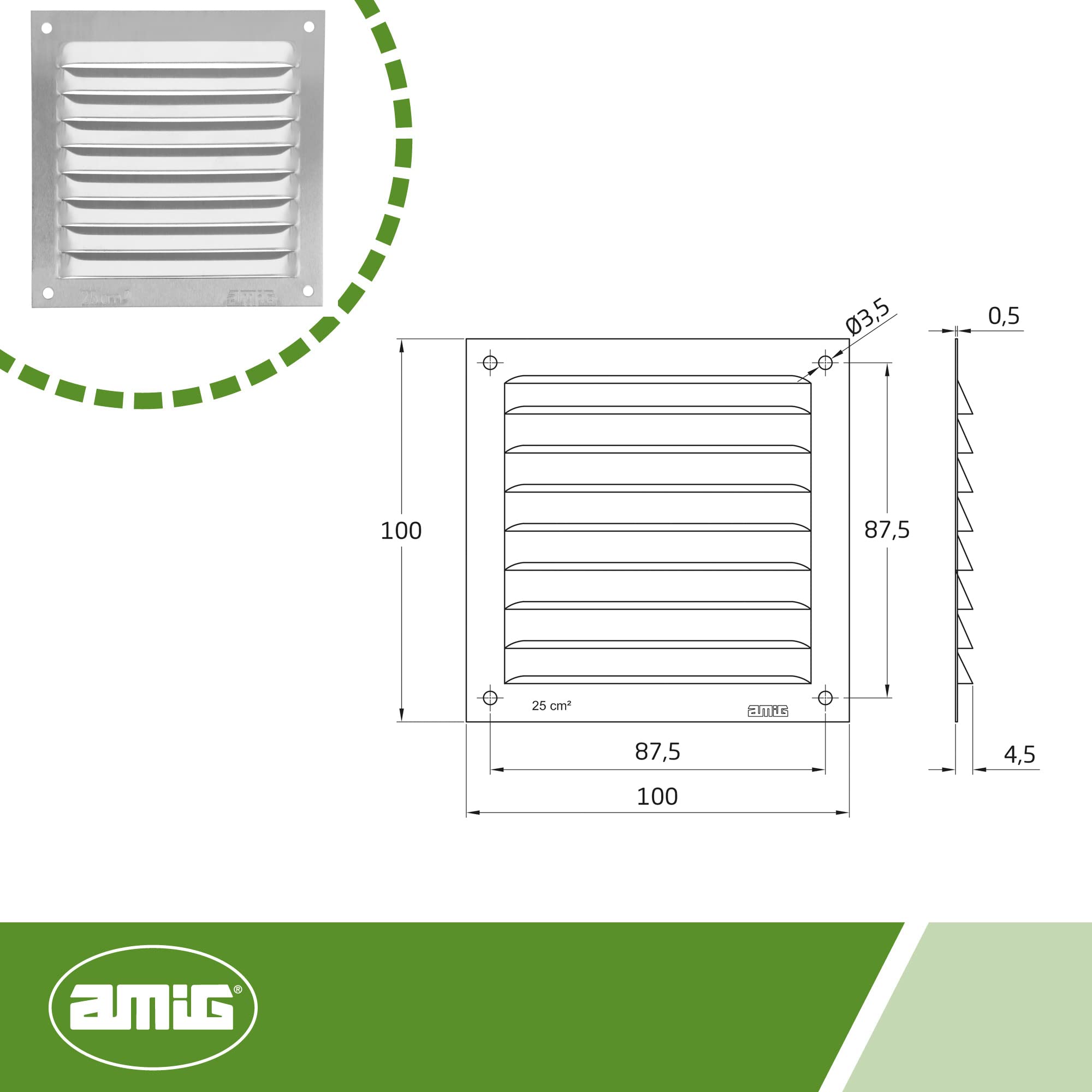 Amig - Square Aluminium Air Vent Grille, Silver, 100 x 100 mm - Image 3