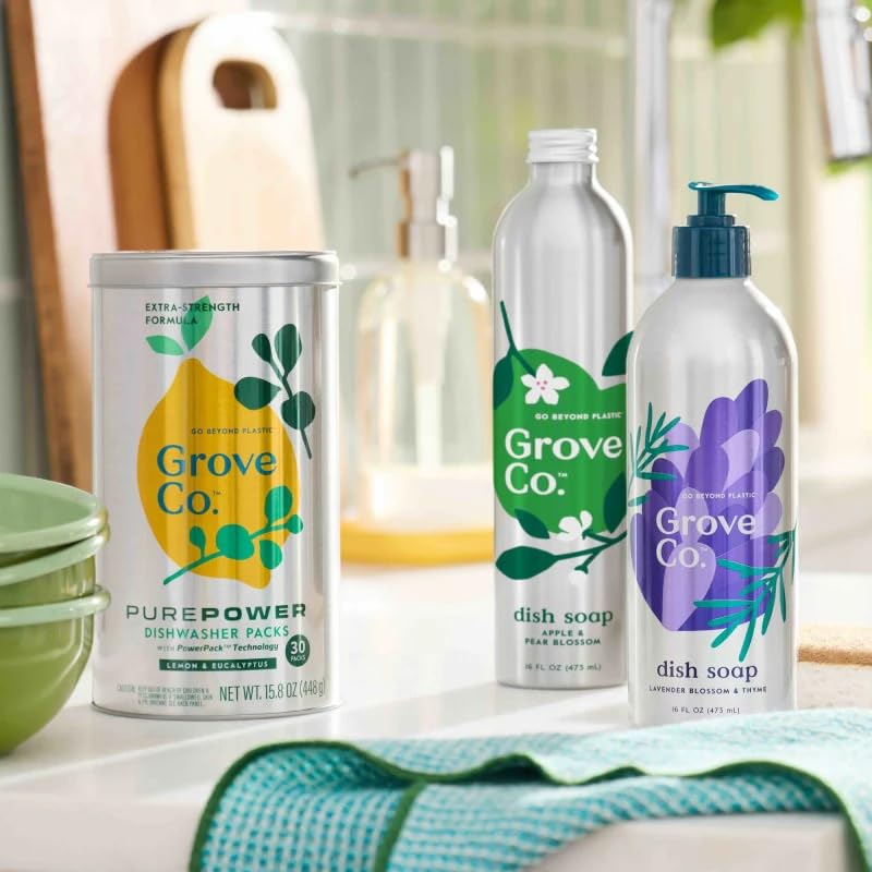 Image of Grove Co. Ultimate Dish Soap Refills 16 Fl Oz Removes 48-hr Stuck-on Food and Grease, Plastic Free Cleaning Products, 100% Natural Lavender Blossom & Thyme Fragrance