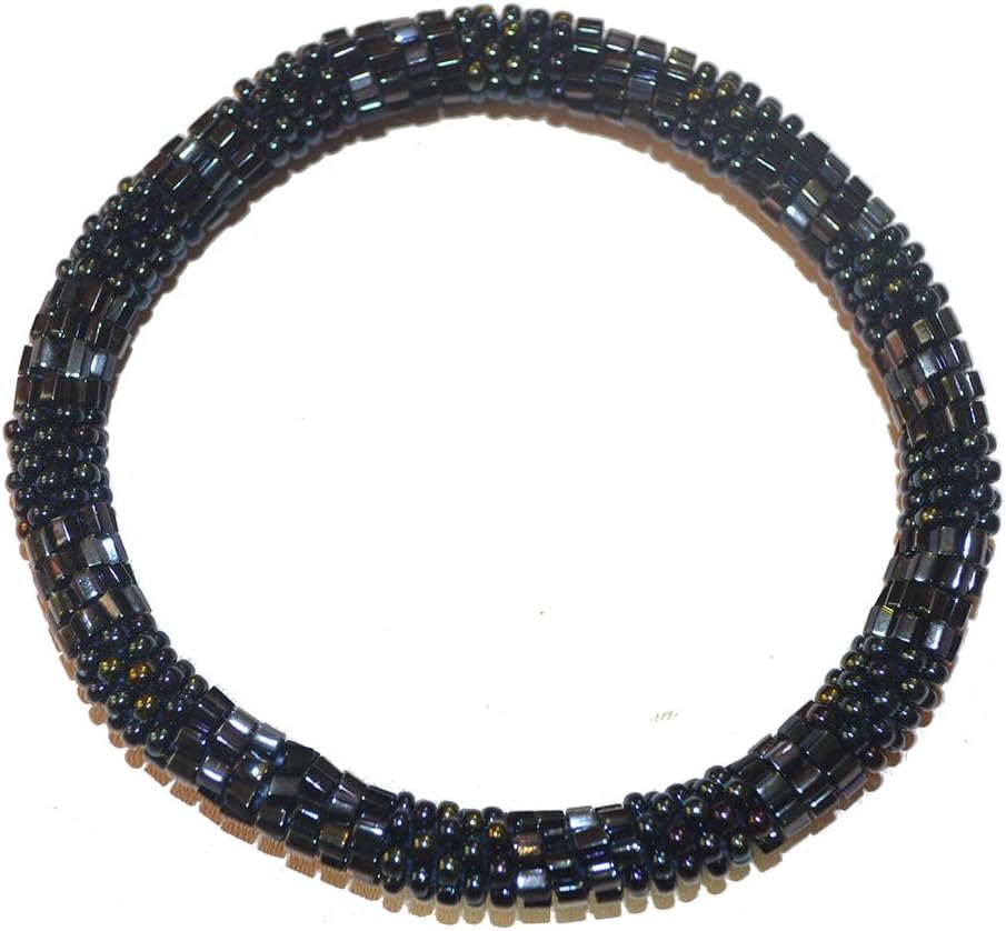Textured Metallic Blue Black Handmade Beaded Bracelet, Glass Seed Beads Bracelet