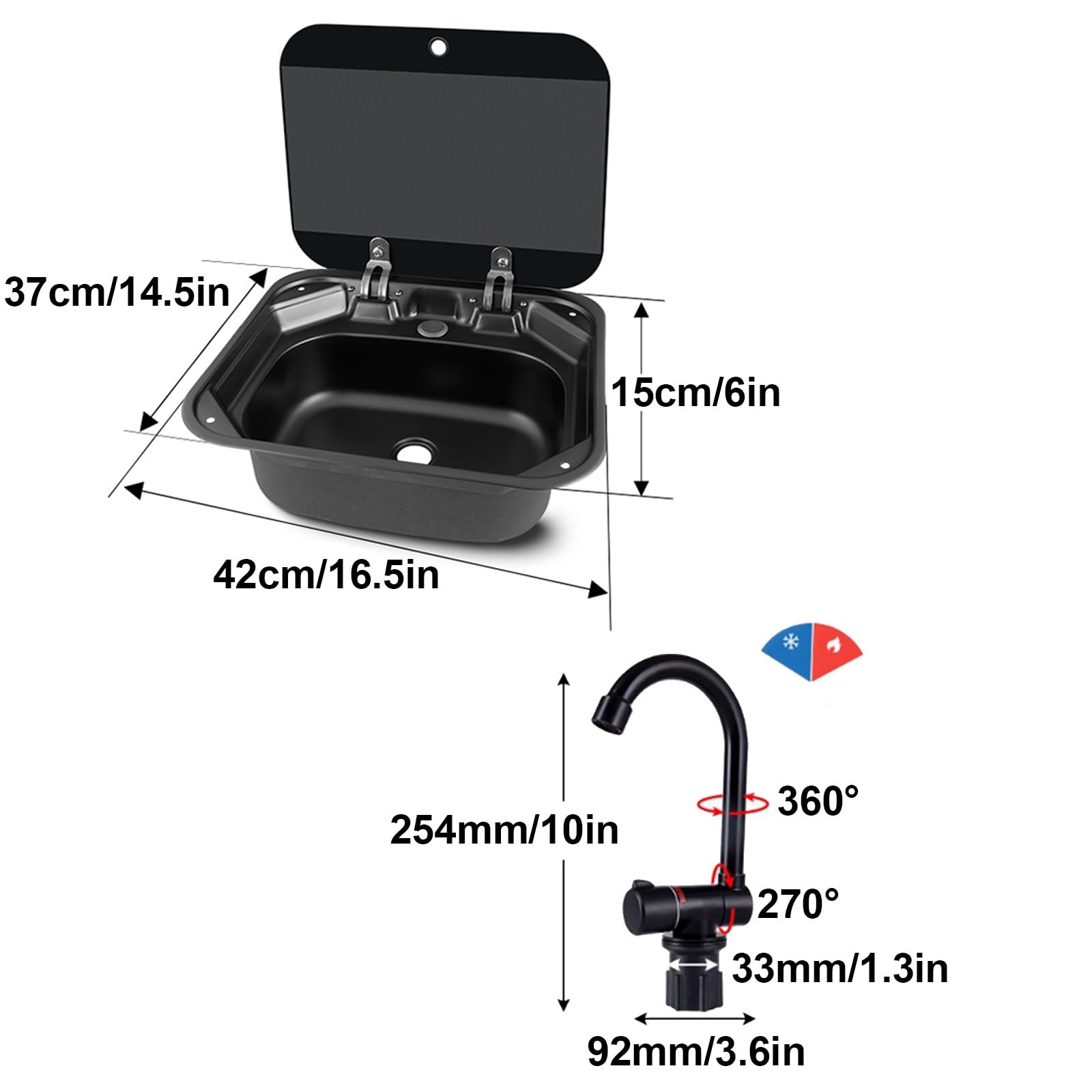 Spülbecken Edelstahl, RV Wohnmobil Spülbecken mit Klapphähnen Und Glasabdeckungen, mit Wasserzulauf- Und -ablaufgarnitur, für Wohnmobilanhänger, Caravan Und Yachten, 42x37x15cm, Schwarz