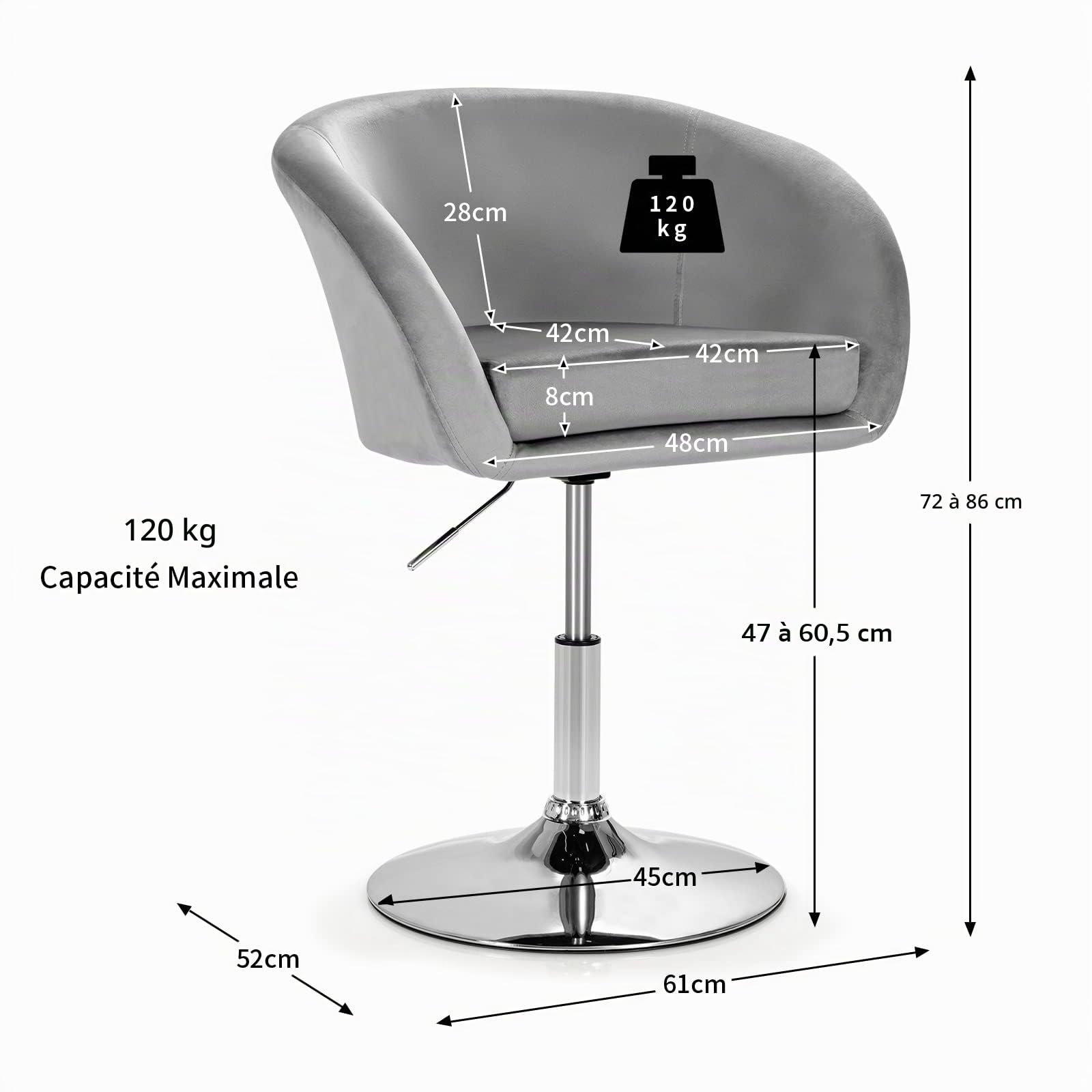 COSTWAY Chaise Coiffeuse Pivotante en Velours, Fauteuil de Bureau sans roulettes Hauteur Réglable, Chaise de Bureau en Éponge Élastique, Base Galvanisée, Charge 125kg(Gris)