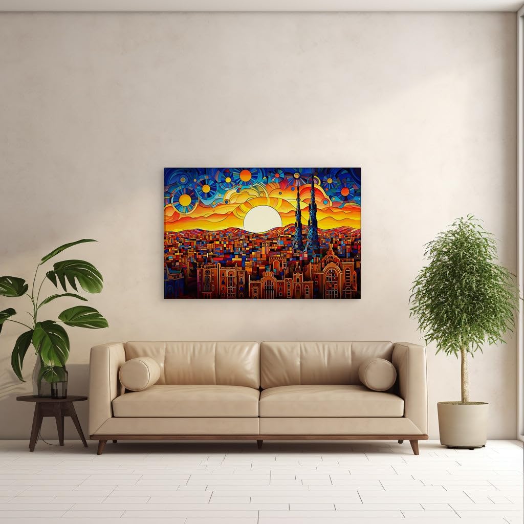Canvas for Living room. Cityscape Kaleidoscope: A Stained Glass Skyline Under the Cosmic Gleam, 27 x 18 inch Canvas Wall Art - Ready to Hang