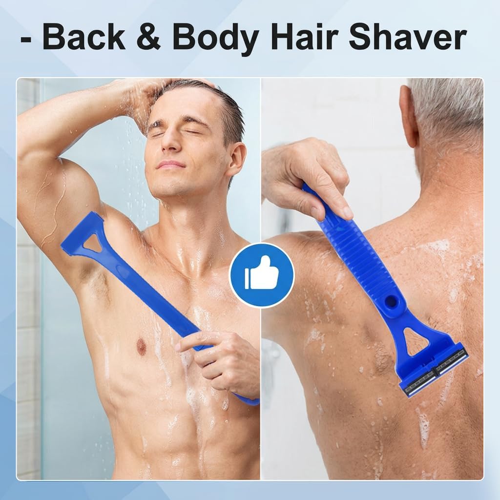 Back Shaver for Men Foldable Long Handle Mens Back Shaver Triple Blade Razor for Back Chest Body Hair Removal Wet Dry Grooming Ergonomic Non Slip Grip Includes 8 Replacement Blades