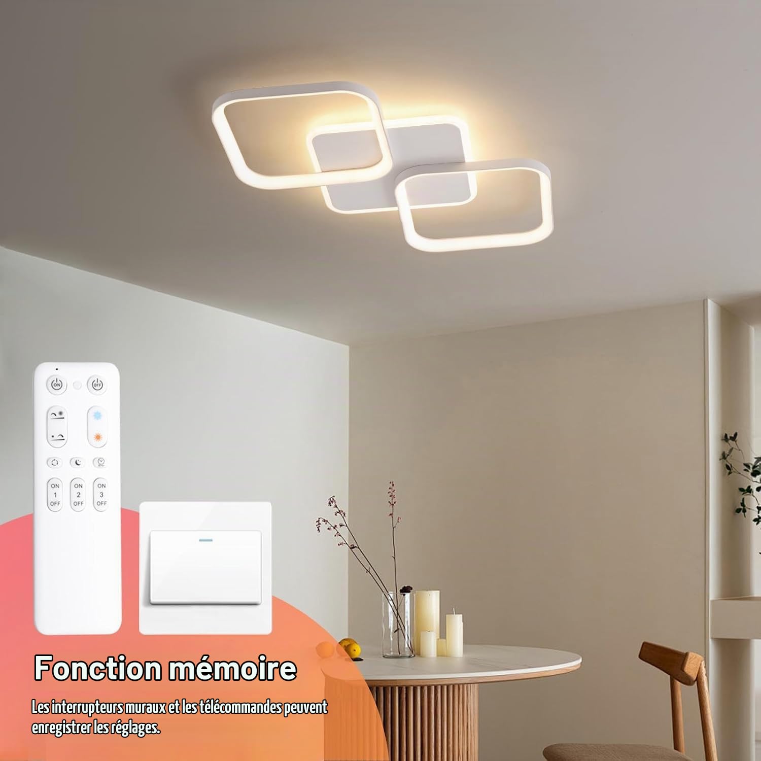 ANTENLICHT Plafonnier LED Moderne Dimmable avec Télécommande, 40W 4500LM Lampe de Plafond Avec Fonction Mémoire, Luminaire Plafonnier LED pour Chambre salon, Salle à manger Cuisine, Blanc 50x50x5cm