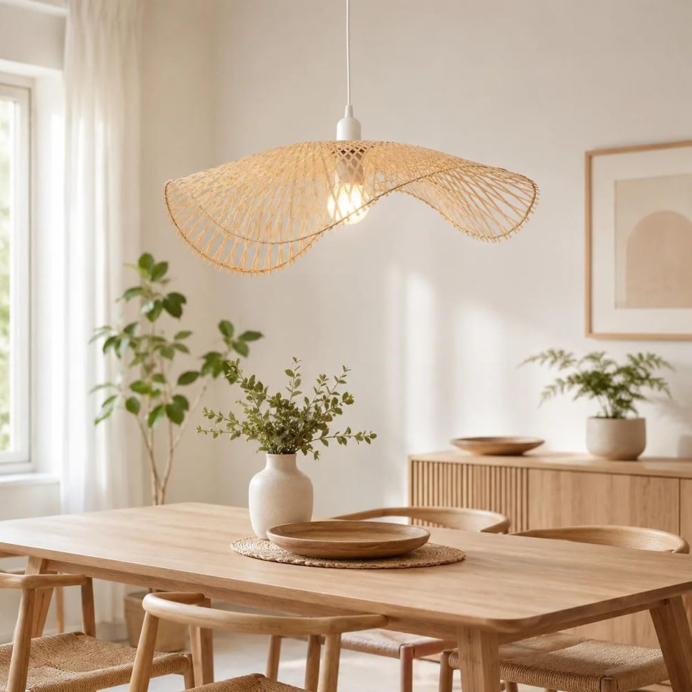 XQIDIANAA Bamboo Boho Chandelier Light Fixture,Hand Woven Wicker Pendant Light,Coastal Hanging Pendant Light for Kitchen Island Bedroom Living Room(Bulb Not Included)