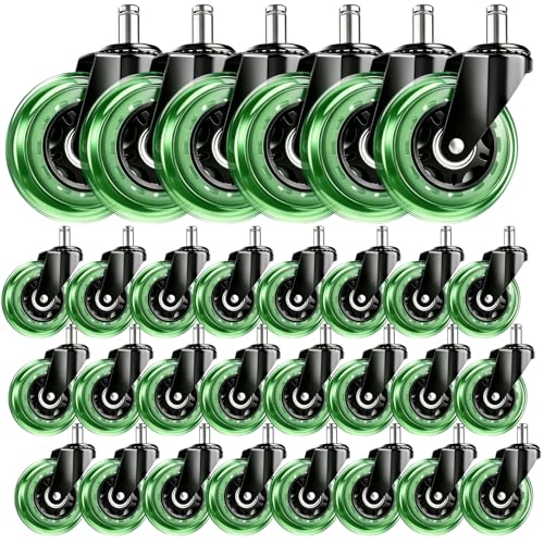 Image of 3 Inch Office Chair Wheels, Set of 30 (Green) | Heavy Duty Replacement Casters for Hardwood Floor & Carpet, Smooth Quiet Roll, Universal 11mm Stem, Non-Marking PU Wheels