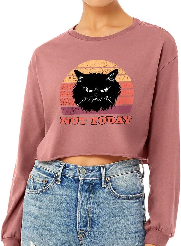 Not Today Cat Cropped Long Sleeve T-Shirt - Art Women's T-Shirt - Illustration Long Sleeve Tee - Mauve, M