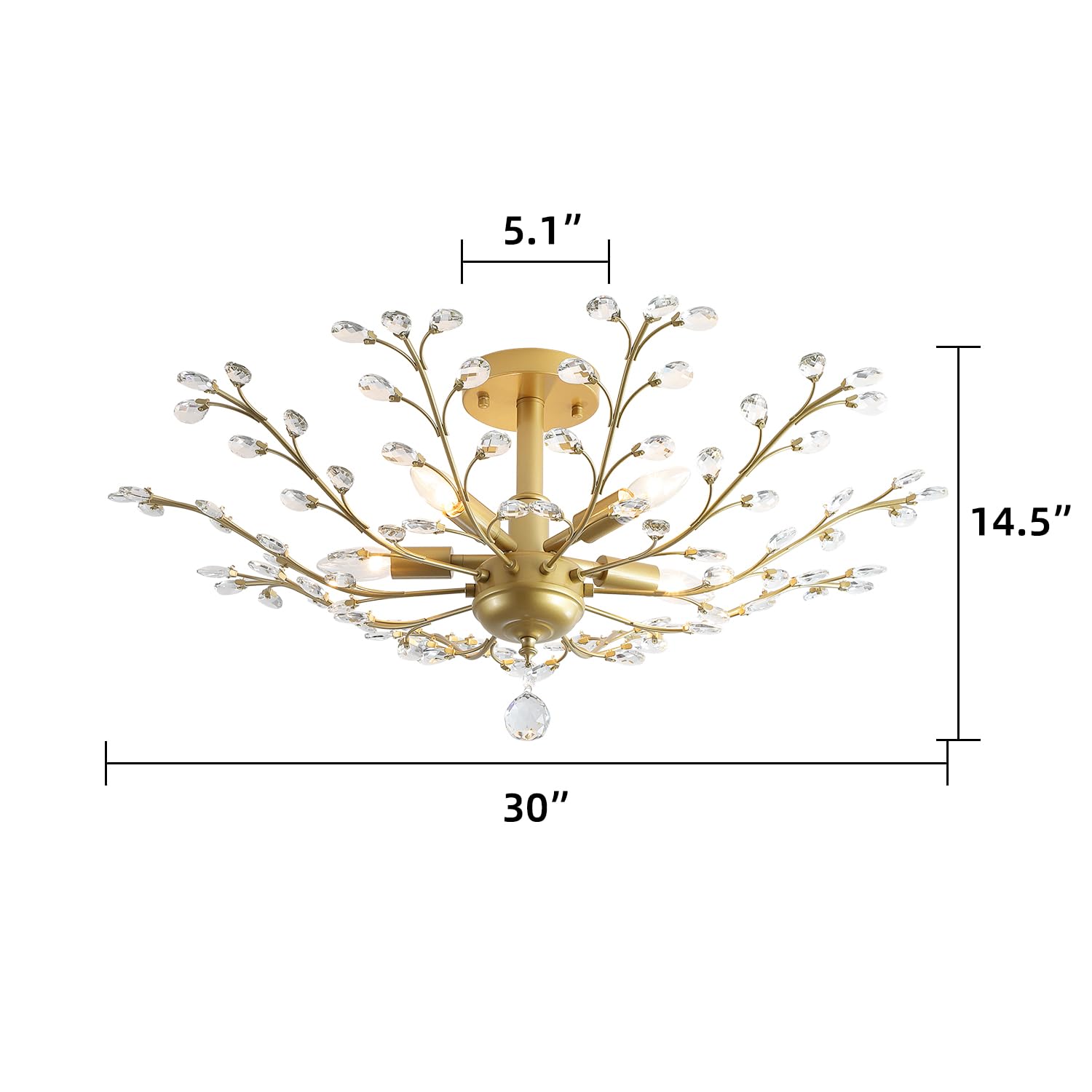 3WWWUEE Golden Crystal Chandelier, 5 Lights Modern Semi Flush Mount Ceiling Light Fixture for Kitchen Bedroom Living Room Dining Room Hallway Foyer.30,E12
