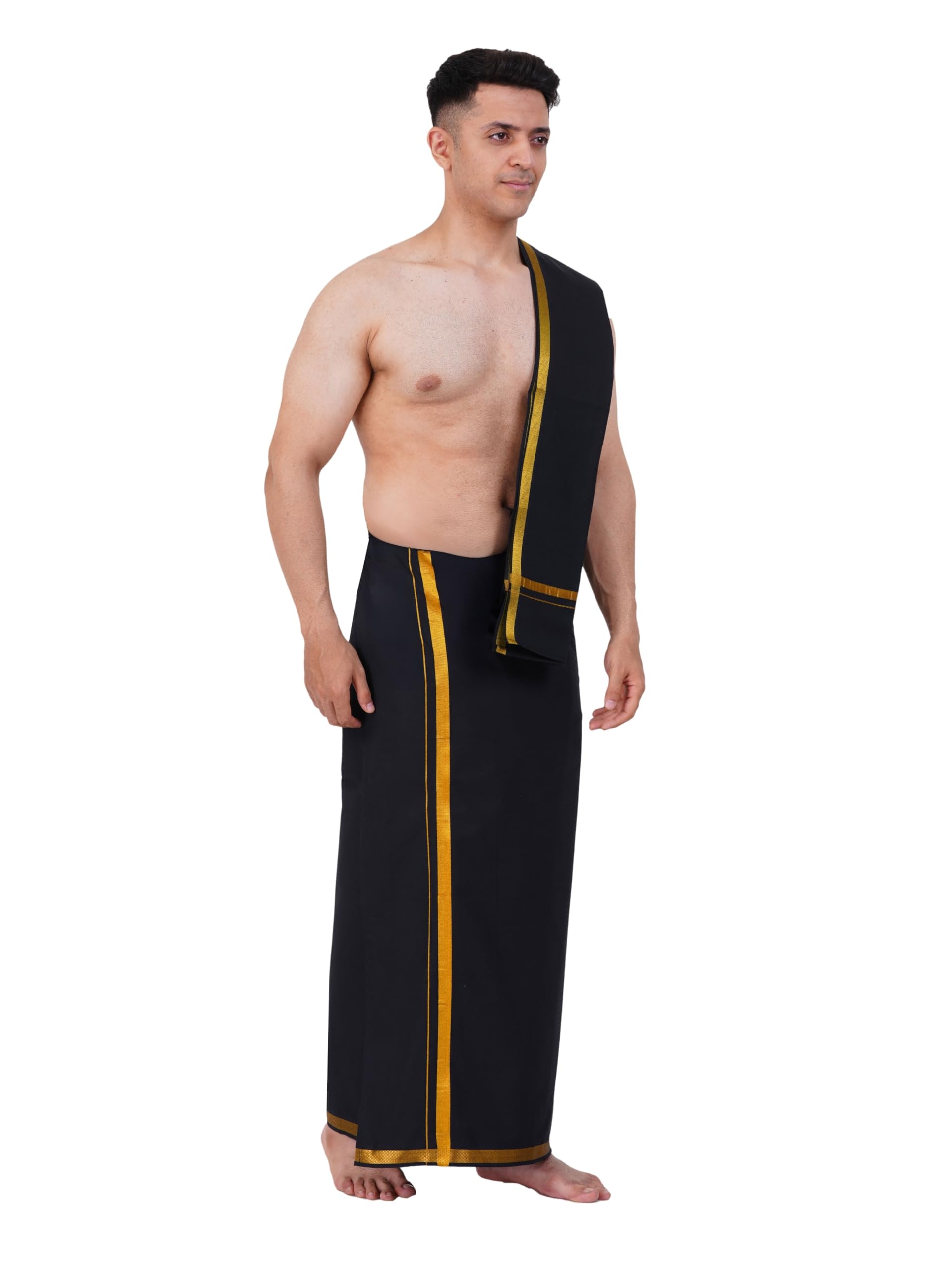 Prakasam Cotton Mens Black Colour Jari Cotton Dhoti And Angavastram Set (1.28X2.00 Meter Dhoti, 36X1.80 Towel)-(Black-003)