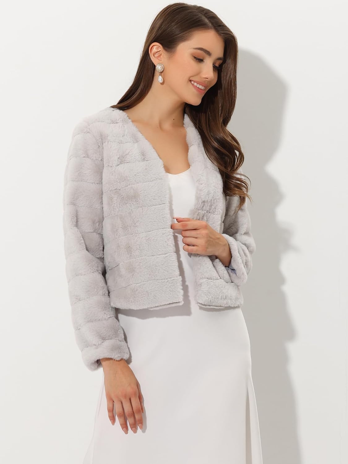 Allegra K Women's Faux Fur Coat Long Sleeve Cropped Fluffy Jacket Collarless Casual Winter Warm Outwear