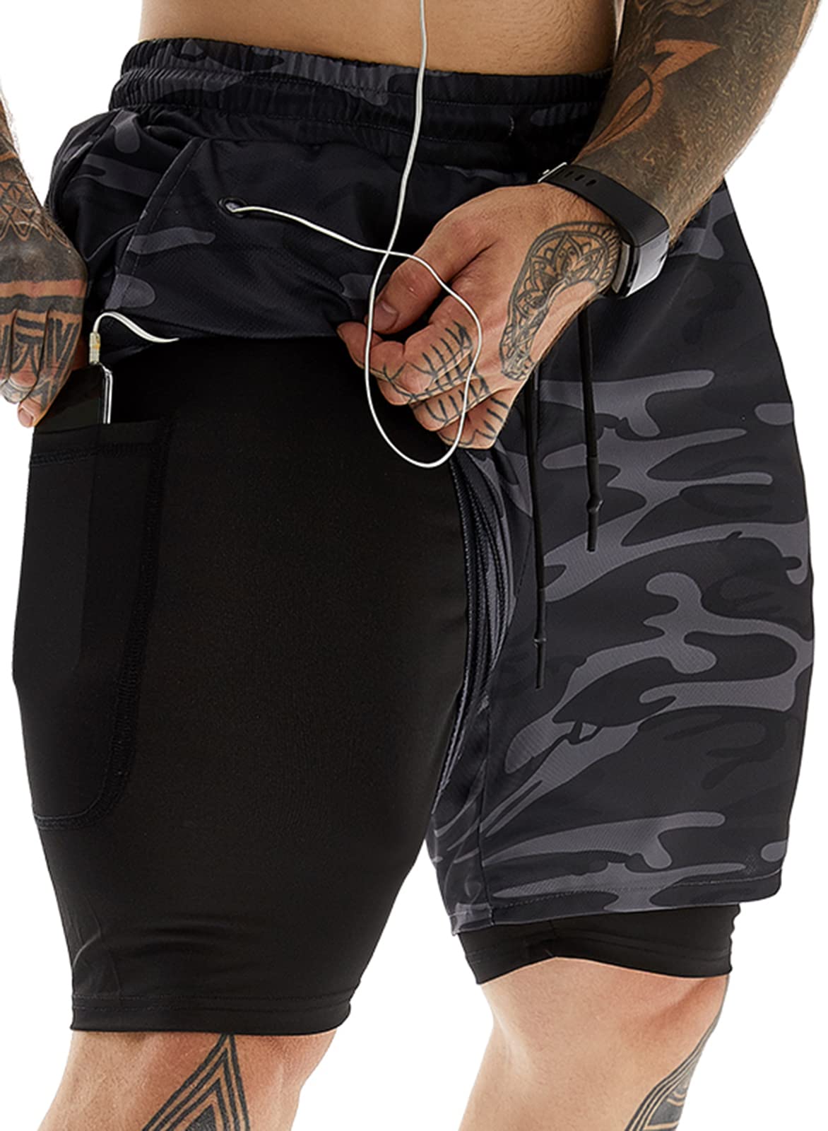 JWJ Men's 2 in 1 Workout Running Shorts 7 Inch Lightweight Athletic Gym Shorts with Compression Liner