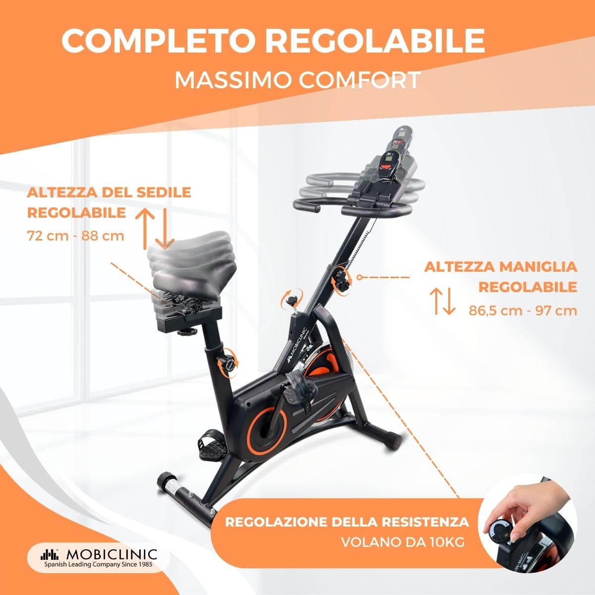 Mobiclinic® fitness, Cyclette da casa, Volano 10 kg, Resistenza regolabile, Makalu, Completamente, Display lcd, Marchio europeo, Cardiofrequenzimetro, Porta cellulare