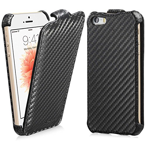 iPhone SE Case, GreatShield SHIFT CX Carbon Fiber Design Flip Leather Cover for Apple iPhone SE 5S 5 - Black