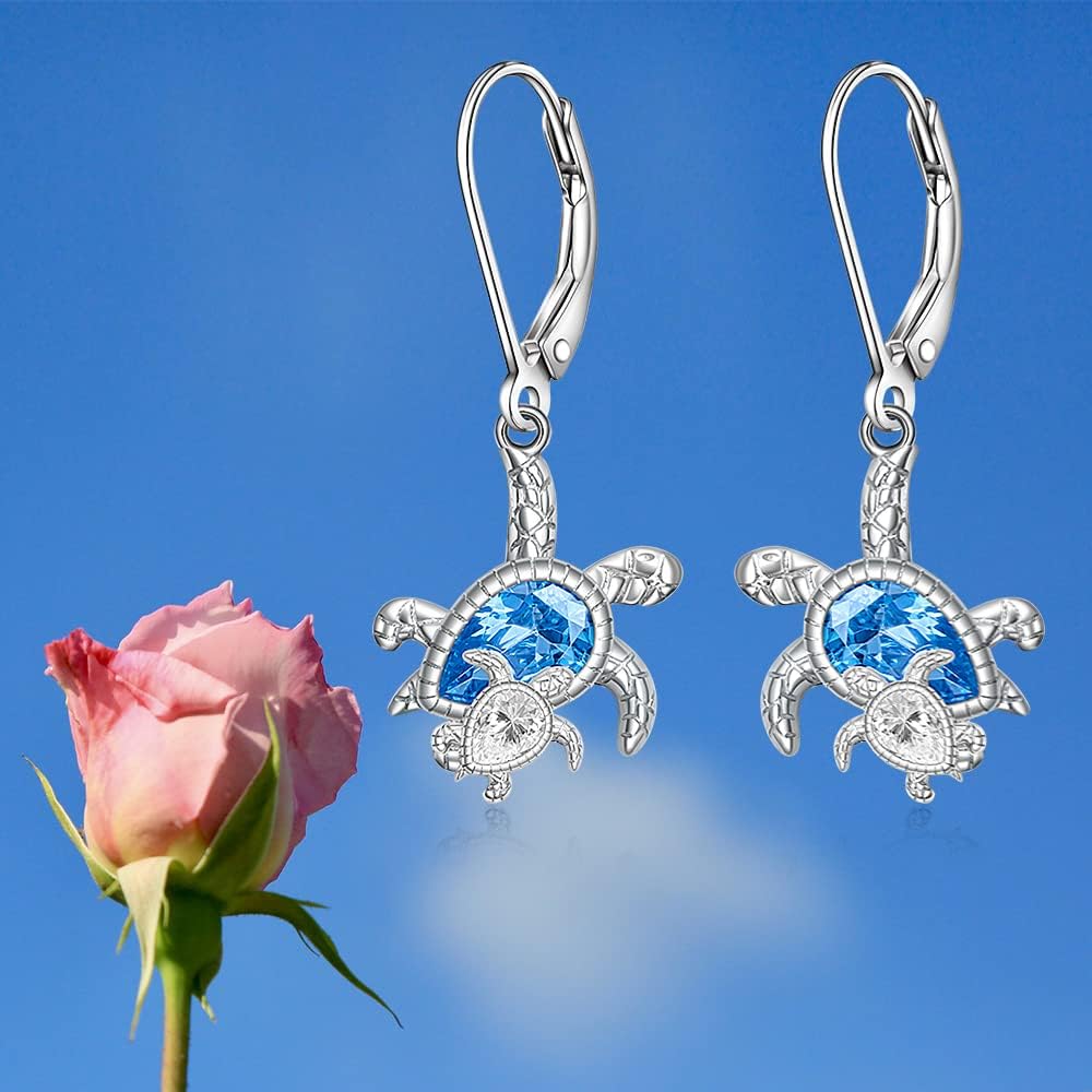 Sea Turtle Earrings for Women Turtle Jewelry Dangle Earrings 925 Sterling Silver Blue Topaz Ocean Sea Gifts Mother