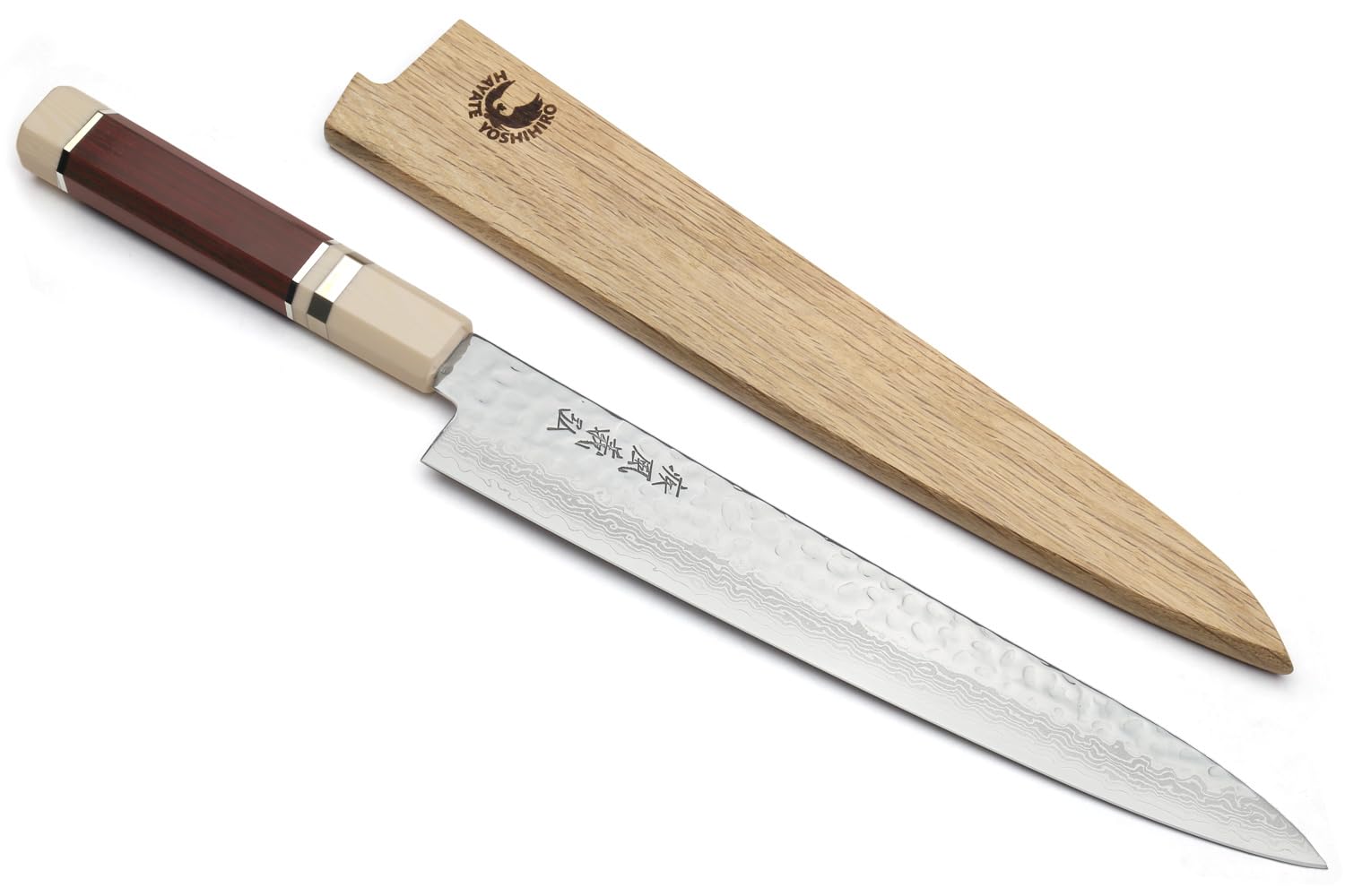 Yoshihiro VG10 46 Layers Hammered Damascus Sujihiki Japanese Slicer Knife (9.5" (240mm) Ebony Handle with Alternative Ivoy Bolster) — Amazon image 10