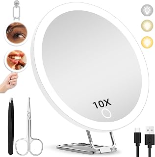 10X Makeup Magnifying Mirror with Lights, 6inch Handheld Magnified Mirror | 10X Lighted Travel Magnification Mirror with 3 Suction Cups and 360° Adjustable Bracket - Includes Tweezers & Scissors Set